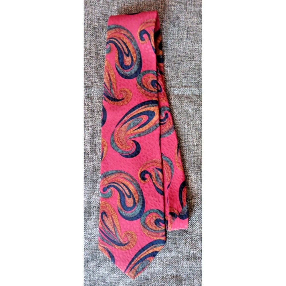 Tie 70s 80s 90s Y2K Boston Trader Silk Red Blue Brown Paisley 4 Wide 58 Long